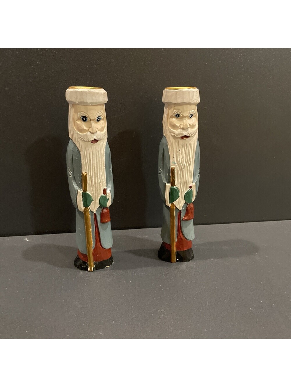 Vintage Hand Painted Wood Pencil Santa Taper Candle Holders Christmas Set